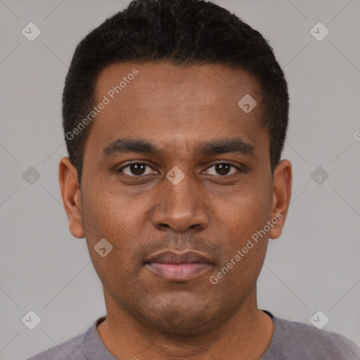 Neutral latino young-adult male with short  brown hair and brown eyes
