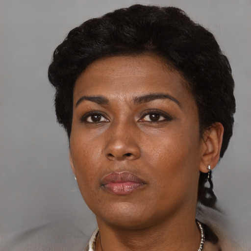 Neutral black young-adult female with short  brown hair and brown eyes
