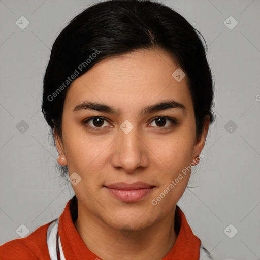 Joyful white young-adult female with medium  black hair and brown eyes