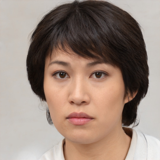 Neutral asian young-adult female with medium  brown hair and brown eyes