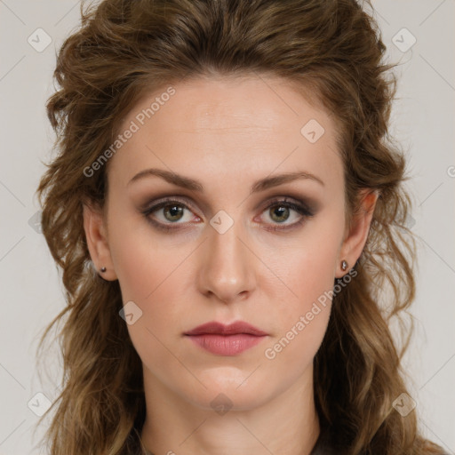 Neutral white young-adult female with long  brown hair and brown eyes