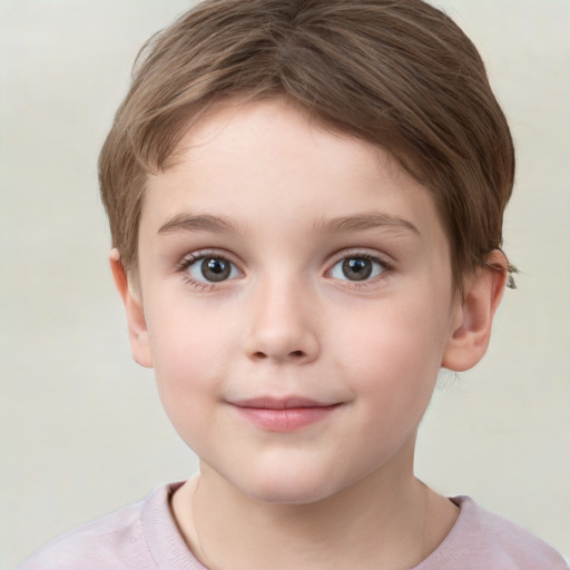 Neutral white child female with short  brown hair and grey eyes