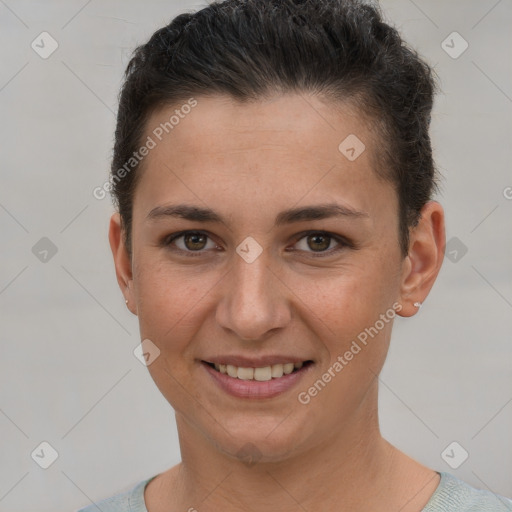 Joyful white young-adult female with short  brown hair and brown eyes