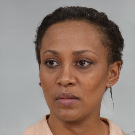 Neutral black adult female with short  brown hair and brown eyes