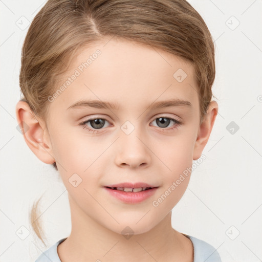 Joyful white child female with short  brown hair and brown eyes