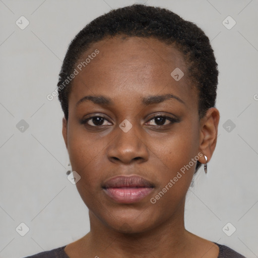 Neutral black young-adult female with short  black hair and brown eyes