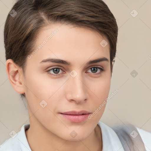 Neutral white young-adult female with medium  brown hair and brown eyes