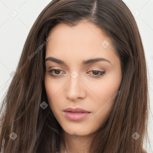 Neutral white young-adult female with long  brown hair and brown eyes