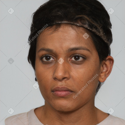 Neutral black young-adult female with short  brown hair and brown eyes