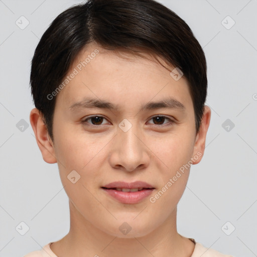 Joyful white young-adult female with short  brown hair and brown eyes