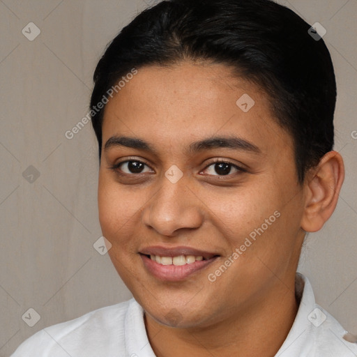 Joyful white young-adult female with short  brown hair and brown eyes