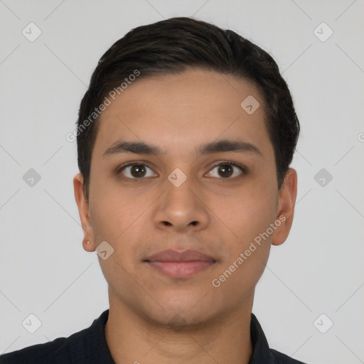 Neutral latino young-adult male with short  black hair and brown eyes