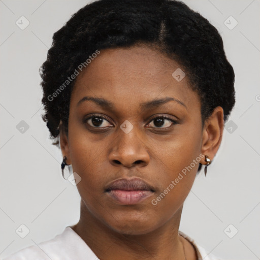 Neutral black young-adult female with short  black hair and brown eyes