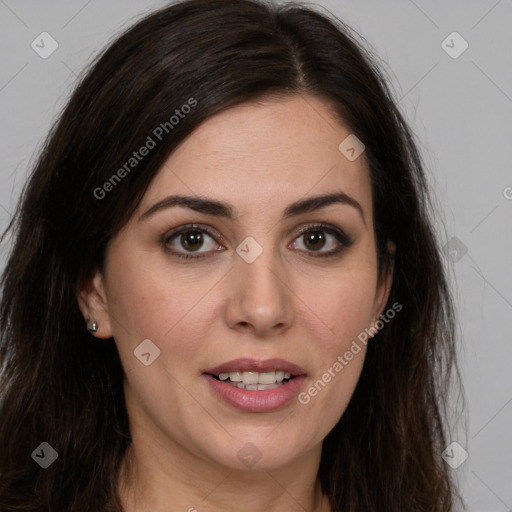 Joyful white young-adult female with long  brown hair and brown eyes