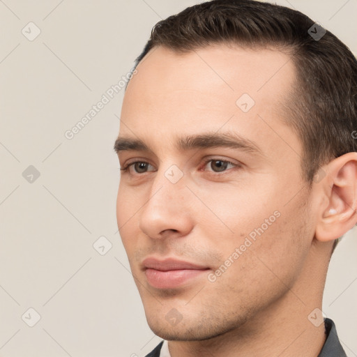 Neutral white young-adult male with short  brown hair and brown eyes