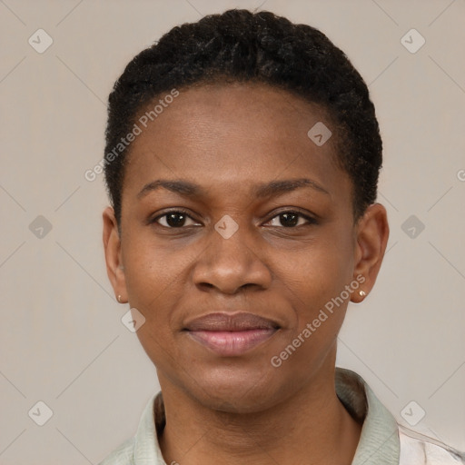 Joyful black young-adult female with short  black hair and brown eyes