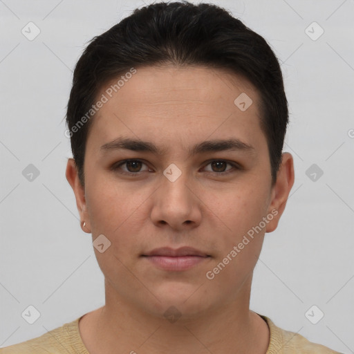 Neutral white young-adult male with short  brown hair and brown eyes