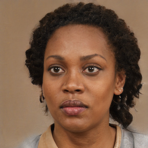 Neutral black adult female with medium  brown hair and brown eyes