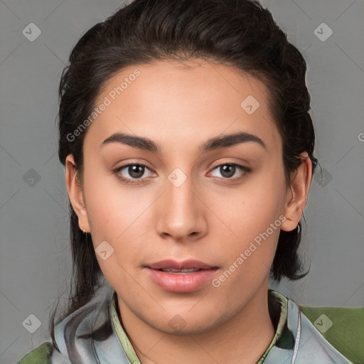 Neutral white young-adult female with medium  brown hair and brown eyes