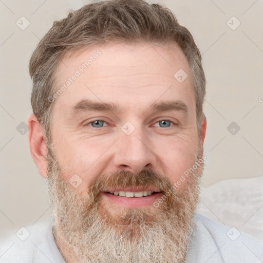 Joyful white adult male with short  brown hair and grey eyes