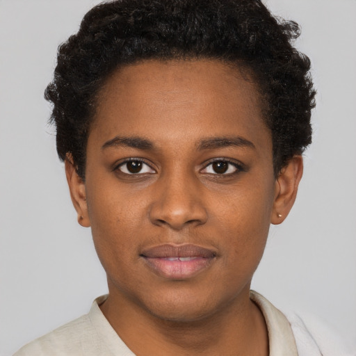 Neutral black young-adult female with short  brown hair and brown eyes