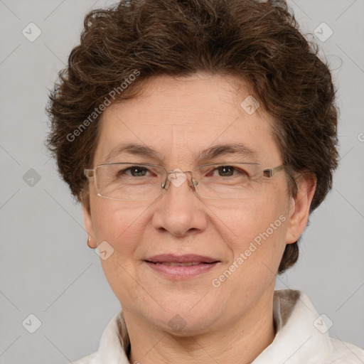 Joyful white middle-aged female with short  brown hair and brown eyes