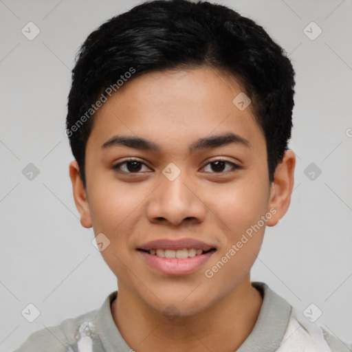 Joyful asian young-adult female with short  black hair and brown eyes