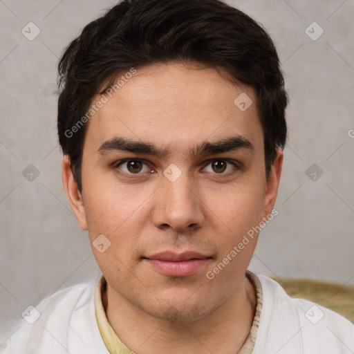 Neutral white young-adult male with short  brown hair and brown eyes