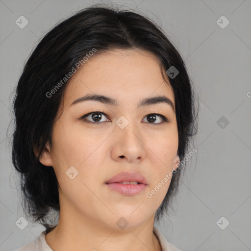 Neutral asian young-adult female with medium  black hair and brown eyes