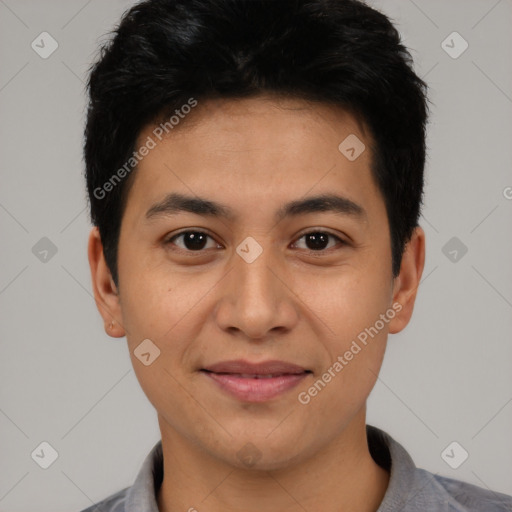 Joyful asian young-adult male with short  black hair and brown eyes