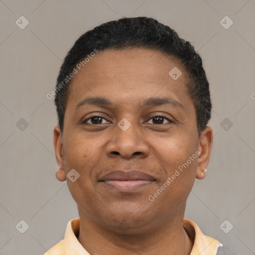 Joyful latino young-adult male with short  brown hair and brown eyes