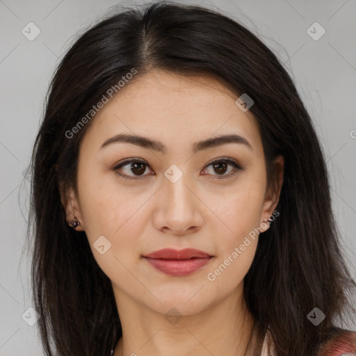 Joyful asian young-adult female with long  brown hair and brown eyes