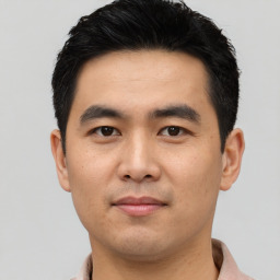 Neutral asian young-adult male with short  black hair and brown eyes