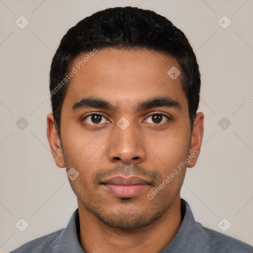 Neutral latino young-adult male with short  black hair and brown eyes