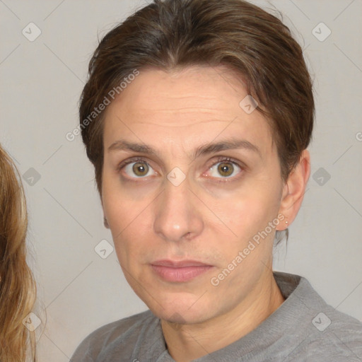 Neutral white adult female with medium  brown hair and brown eyes