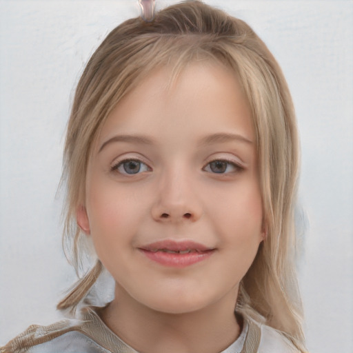 Joyful white child female with medium  brown hair and blue eyes