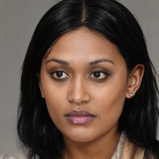 Neutral asian young-adult female with long  black hair and brown eyes