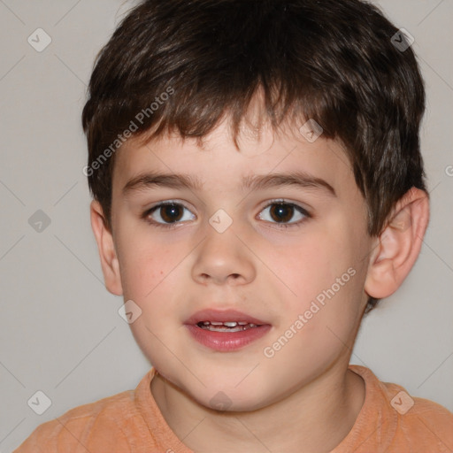 Joyful white child male with short  brown hair and brown eyes