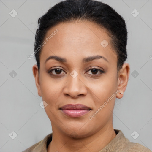 Joyful latino young-adult female with short  black hair and brown eyes