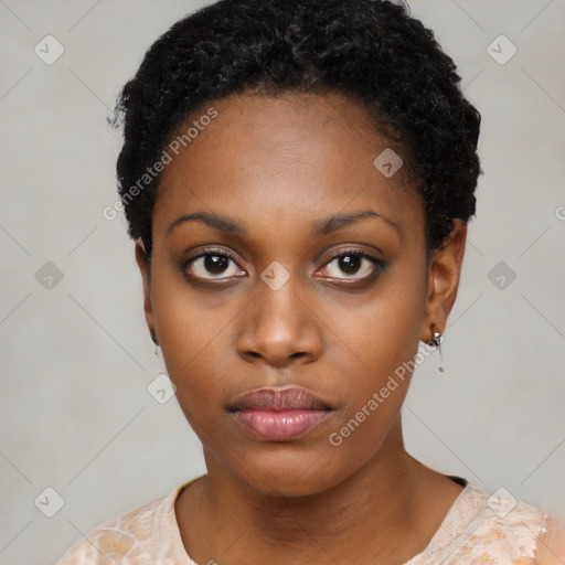 Neutral black young-adult female with short  black hair and brown eyes