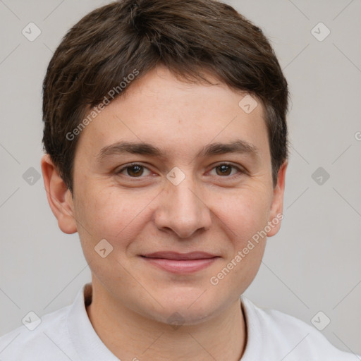 Joyful white young-adult male with short  brown hair and brown eyes