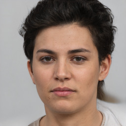 Neutral white young-adult female with short  brown hair and brown eyes