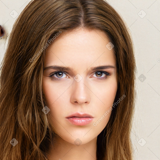 Neutral white young-adult female with long  brown hair and brown eyes