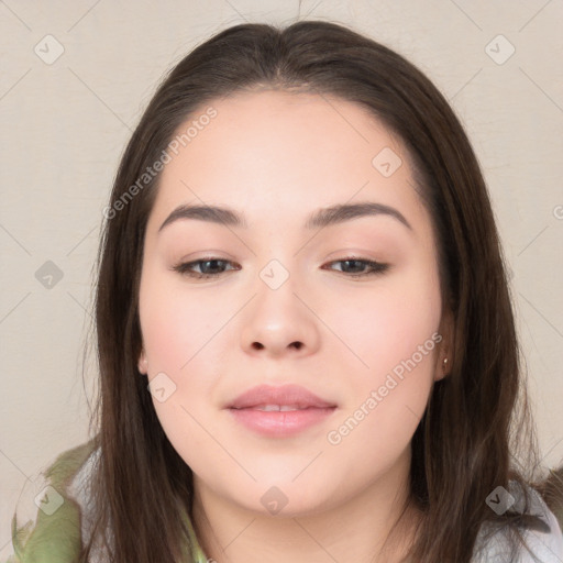 Neutral white young-adult female with long  brown hair and brown eyes