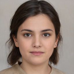 Neutral white young-adult female with medium  brown hair and brown eyes