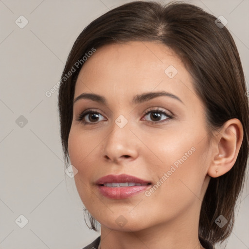 Neutral white young-adult female with medium  brown hair and brown eyes