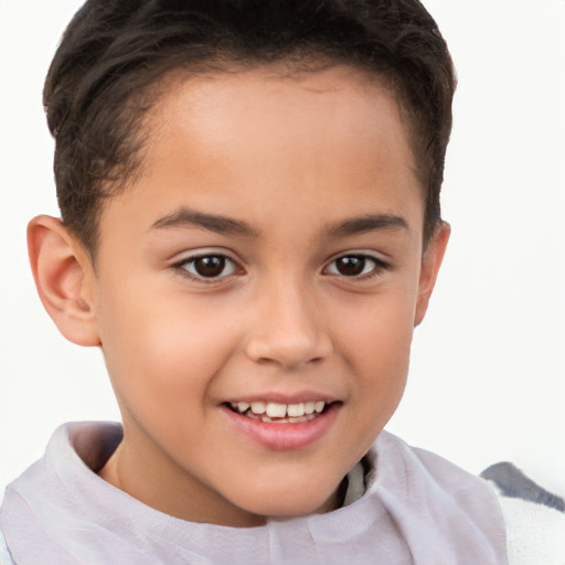 Joyful white child female with short  brown hair and brown eyes