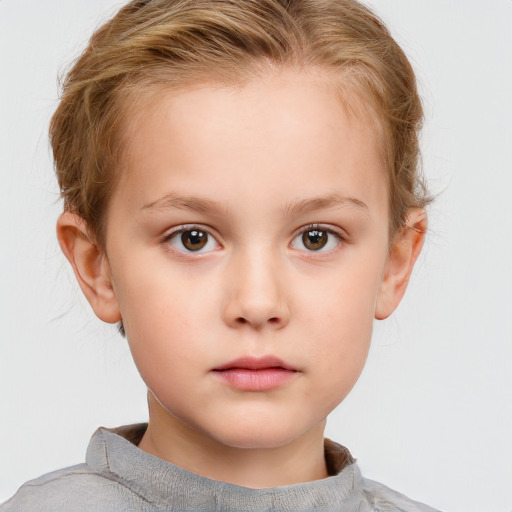 Neutral white child female with short  brown hair and grey eyes