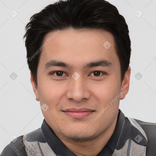 Joyful white young-adult male with short  black hair and brown eyes