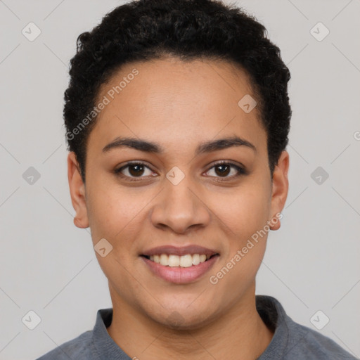 Joyful latino young-adult female with short  black hair and brown eyes